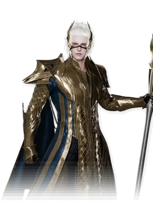 Render oficial de Chanter: figura de túnica dorada y azul con bastón