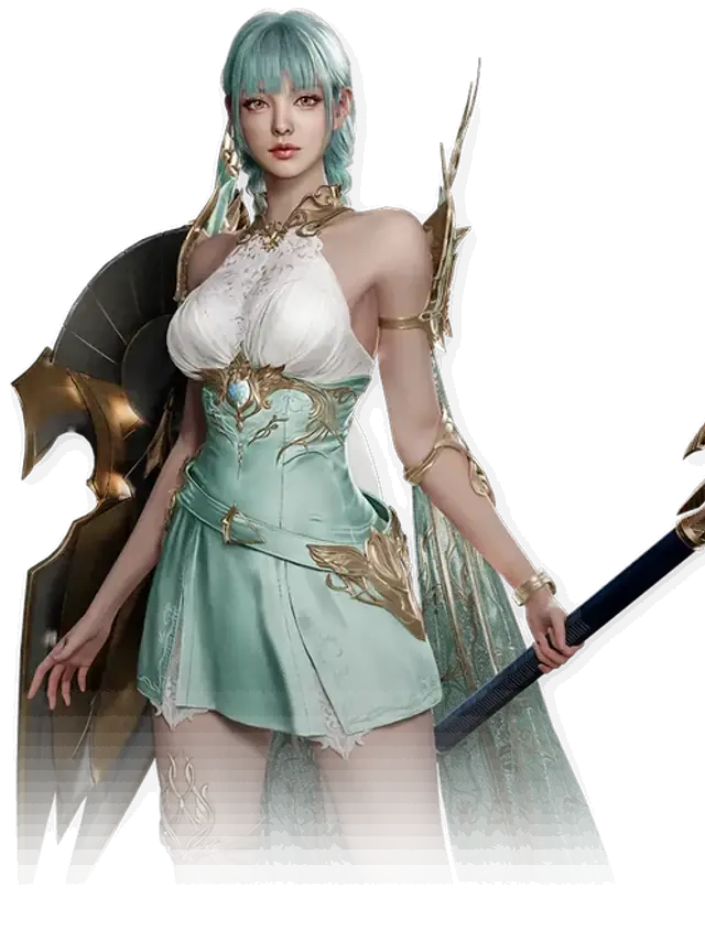 Render oficial de Cleric: sanadora de pelo turquesa con arma de asta
