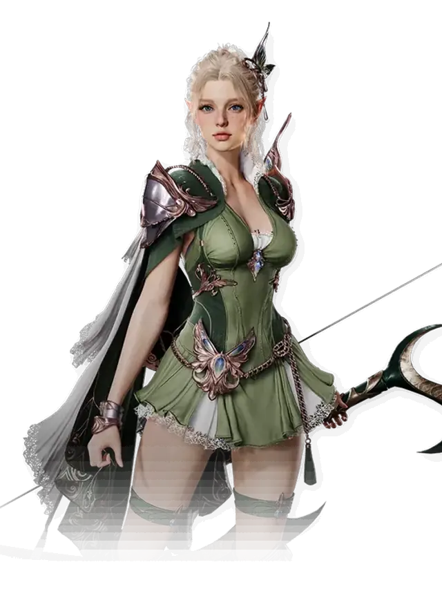 Render oficial de Ranger: arquera de armadura verde con arco largo