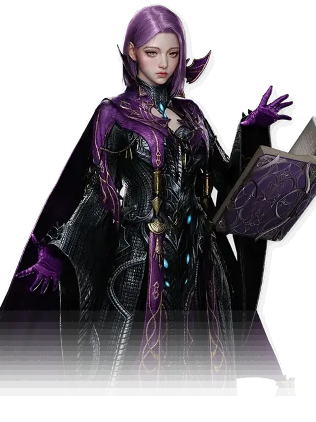 Render oficial de Sorcerer: hechicera de túnica púrpura con tomo arcano