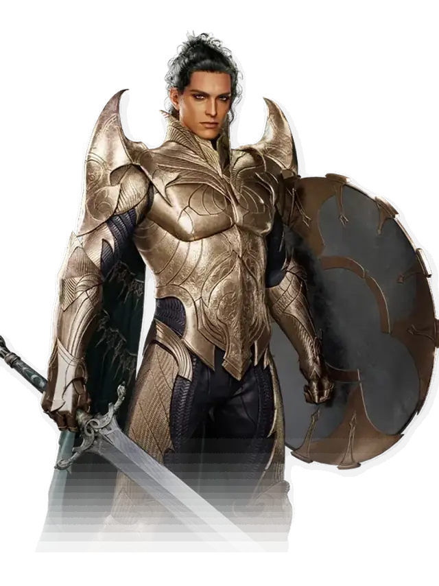 Render oficial de Templar: guerrero de armadura dorada con espada y escudo